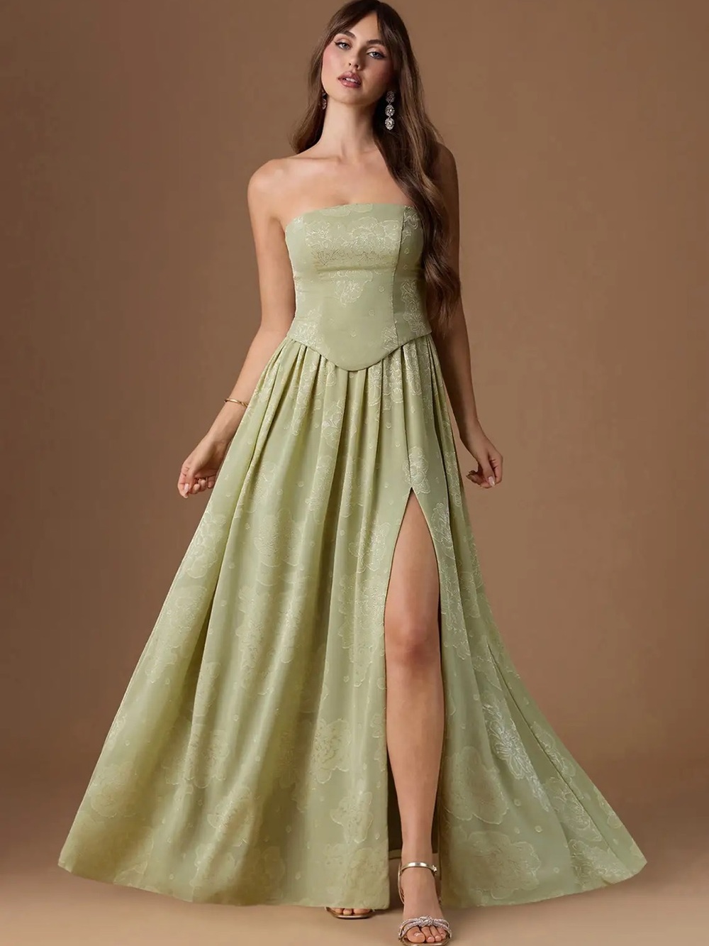 Azazie Strapless Sage Green Floral Gown - Isaura Celadon Maxi Dress